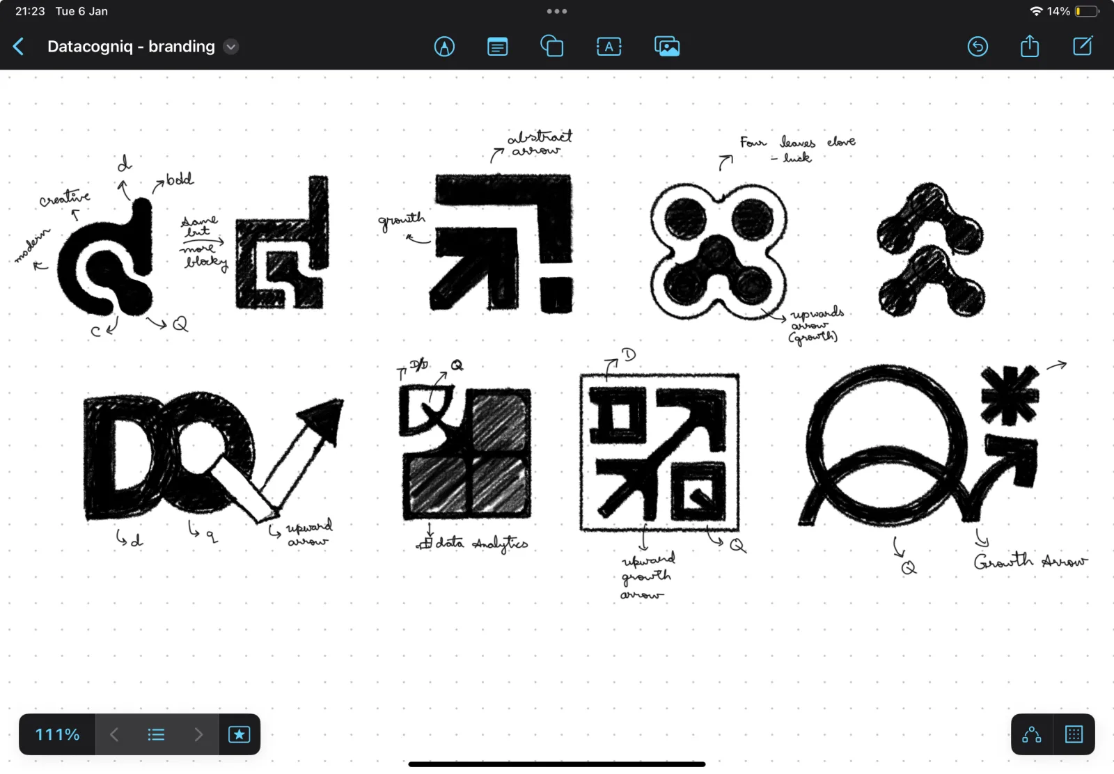 a page of hand-drawn logo sketches exploring datacogniq directions