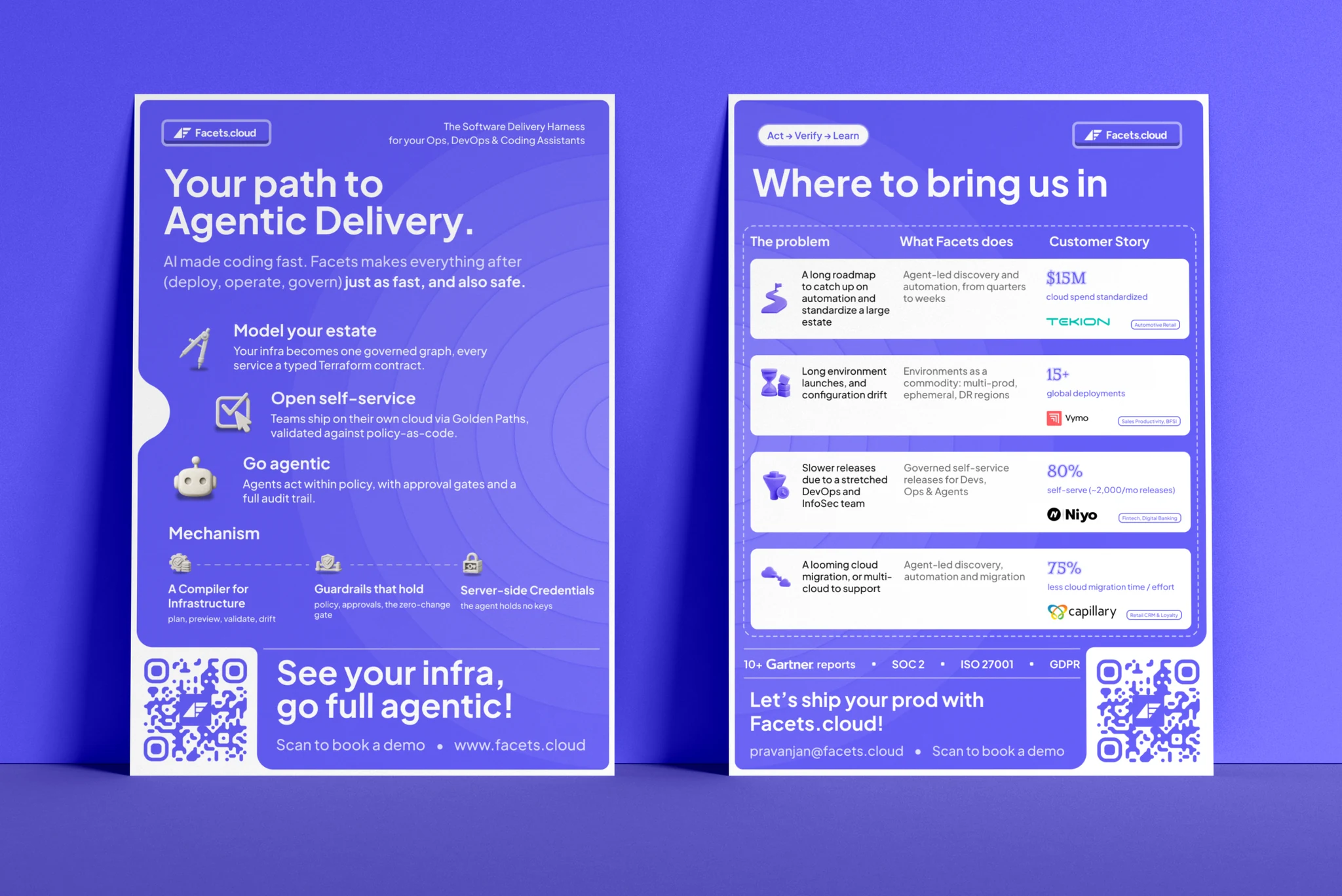 two purple flyers side by side. the left, headed 'your path to agentic delivery', lists three steps — model your estate, open self-service, go agentic — above a mechanism strip. the right, 'where to bring us in', is a four-row table pairing a customer problem with what facets does and a named customer story.